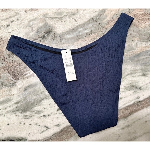 J Crew Bikini Bottom Womens M Navy Blue Textured Curved Waist Cheeky High Legs - Picture 2 of 5